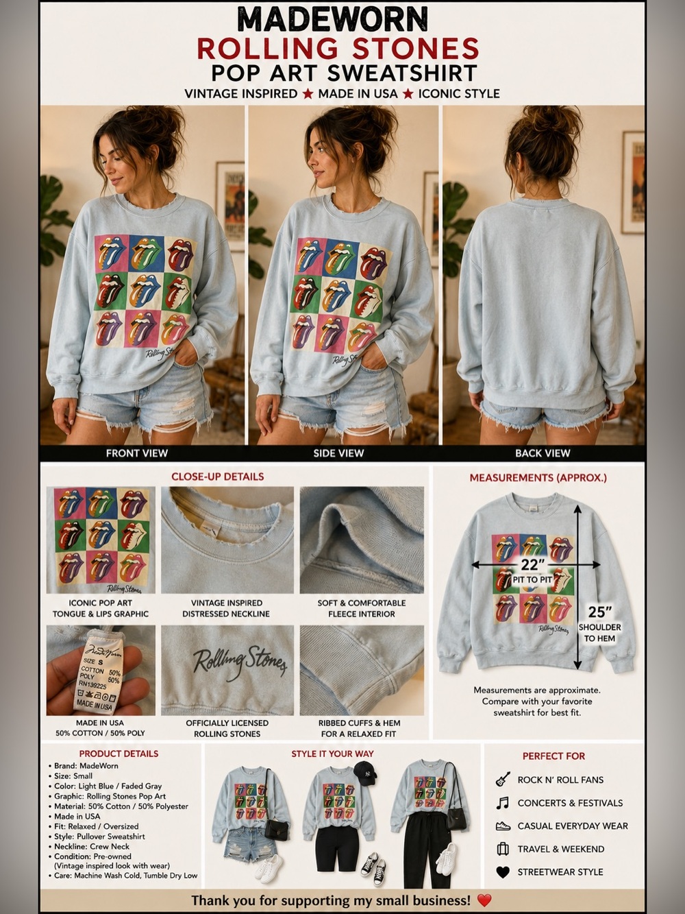 MadeWorn Rolling Stones Pop Art Tongue Graphic Sweatshirt Small Made USA